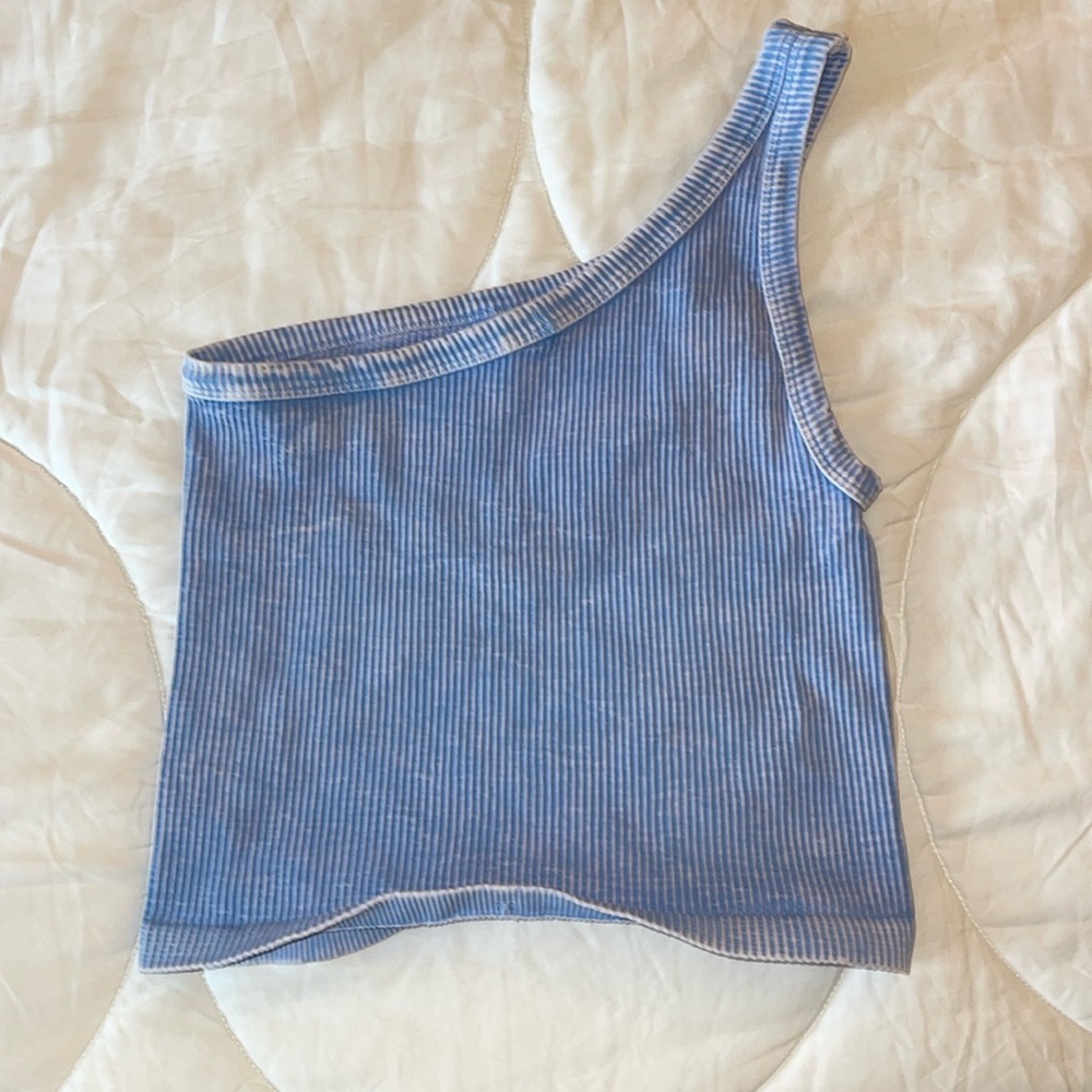 Sky blue half shoulder tank top.